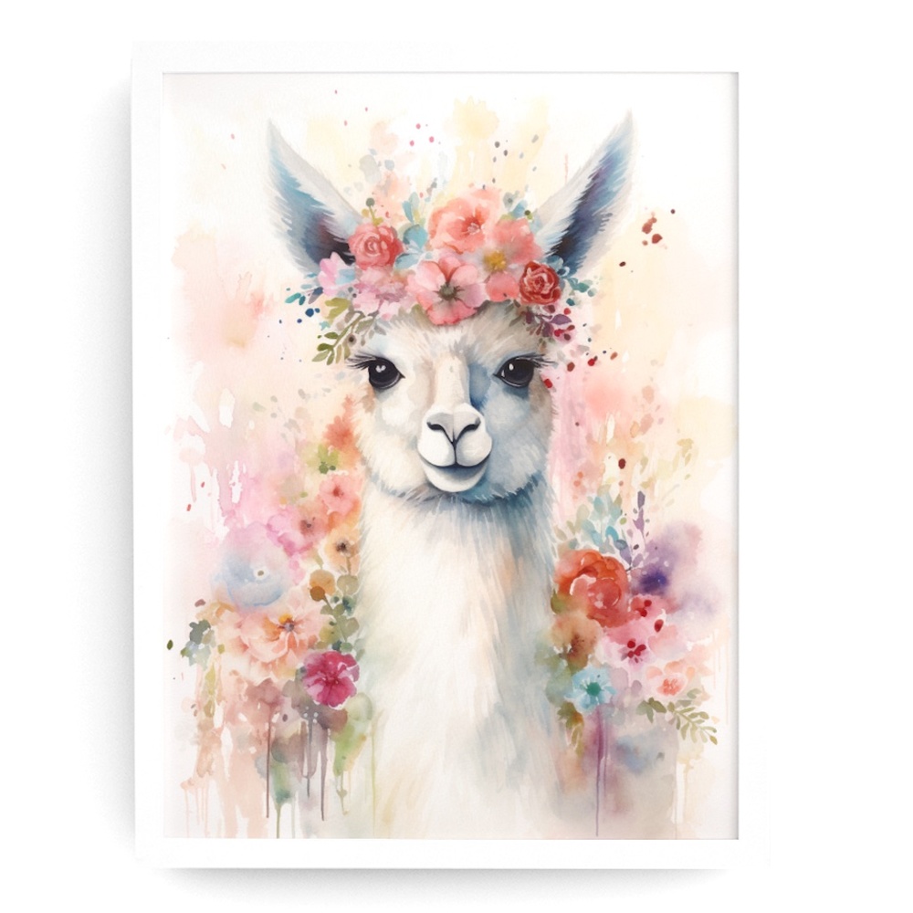 Watercolor Cute Floral Llama Wall Art Illustration Print Poster Card Unframed